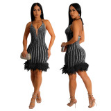 Women's Beaded Feathered Netted Lace-Up Dress