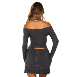 Solid Color Reverse Edge Design Off Shoulder Skirt Set