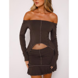 Solid Color Reverse Edge Design Off Shoulder Skirt Set