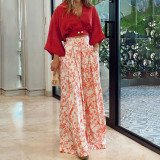 Casual Button Lantern Sleeve Shirt Loose Print Wide Leg Pants Two-piece Set