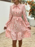 Fashion Printed Long Sleeve Waist-Tie Dress