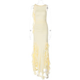Tight-Fitting High-Waisted spliced Ruffled Edges Slit Irregular Sleeveless Round Neck Dress