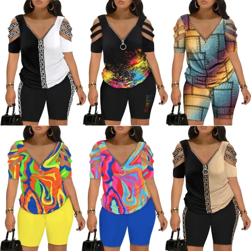 Summer Printing Two Piece Set Women Casual V-neck Hollow Short Sleeve Zipper Tshirt Shorts Sporty Style 2 Piece Set Women