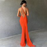 Open Back Pleated Tight Irregular Floor Sweeping Dress