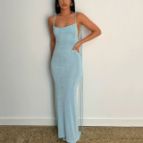 Spaghetti Strap Draped Backless Sleeveless Cocktail Elegant Maxi Dress