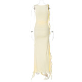 Tight-Fitting High-Waisted spliced Ruffled Edges Slit Irregular Sleeveless Round Neck Dress