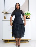 Solid Color Short Sleeve High Neck Midi Dress
