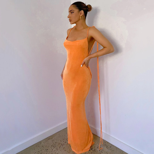 Spaghetti Strap Draped Backless Sleeveless Cocktail Elegant Maxi Dress