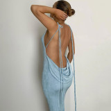Spaghetti Strap Draped Backless Sleeveless Cocktail Elegant Maxi Dress