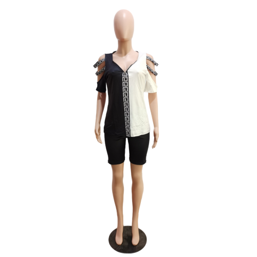 Summer Printing Two Piece Set Women Casual V-neck Hollow Short Sleeve Zipper Tshirt Shorts Sporty Style 2 Piece Set Women
