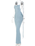 Spaghetti Strap Draped Backless Sleeveless Cocktail Elegant Maxi Dress