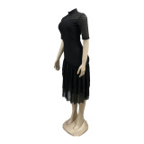 Solid Color Short Sleeve High Neck Midi Dress
