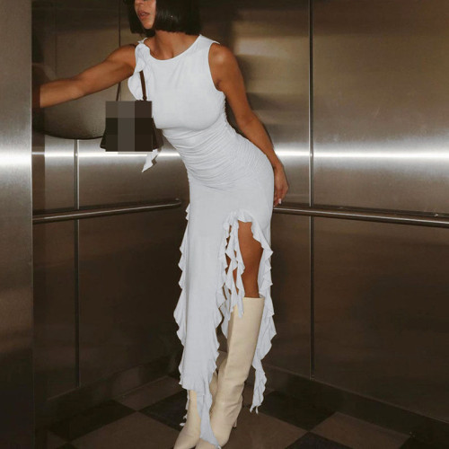 Tight-Fitting High-Waisted spliced Ruffled Edges Slit Irregular Sleeveless Round Neck Dress