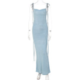 Spaghetti Strap Draped Backless Sleeveless Cocktail Elegant Maxi Dress