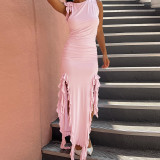 Tight-Fitting High-Waisted spliced Ruffled Edges Slit Irregular Sleeveless Round Neck Dress