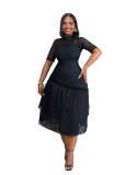 Solid Color Short Sleeve High Neck Midi Dress
