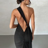 Open Back Pleated Tight Irregular Floor Sweeping Dress