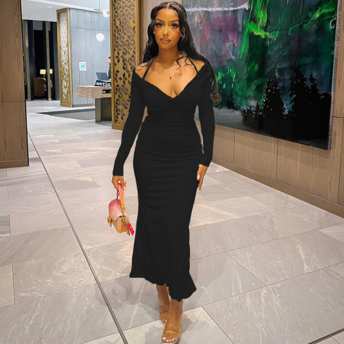 Chic and Elegant V-Neck Halter Pure Color Long-Sleeved Split Hip Pleated Dress