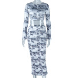 Circle Neckline Long Sleeves Open Back Floral Print Crop Top  and Waist Bodycon Skirt Set
