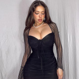 Lace Mesh Color Block Bodycon Dress with Flare Sleeves