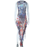 Fashionable Printed Round Neck Sleeveless Asymmetric Bodycon Dress