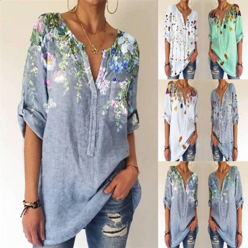 Blouse Casual Print Floral Shirts Buttons V-Neck 3/4-Sleeve Tops Womens Women Women Red Shirt Short Sleeve