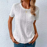 Women's Blouse Short Sleeve Regular Sleeve Blouses Round Neck Hollow Out Casual Solid Color Loose