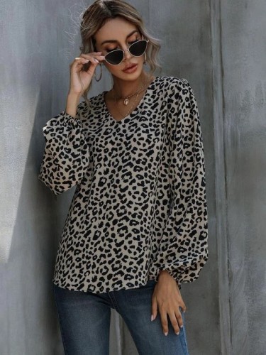 Casual Puff Sleeve Leopard Print Casual V-Neck Loose Long Sleeve Top