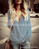 2023 Womens Knitted Deep V-Neck Long Sleeve Wrap Front Loose Sweater Pullover Jumper Tops