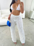 Women's Mesh Wave Pattern Ruffle Loose High Waist Wide Leg Trousers