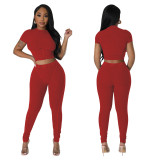 Solid Round Neck Tight Fitting Sexy Women's Sport Two Piece Pants Set