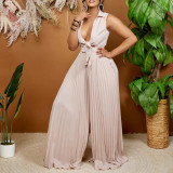 Loose-Fitting V-Neck Wide-Leg and Pleated Jumpsuit