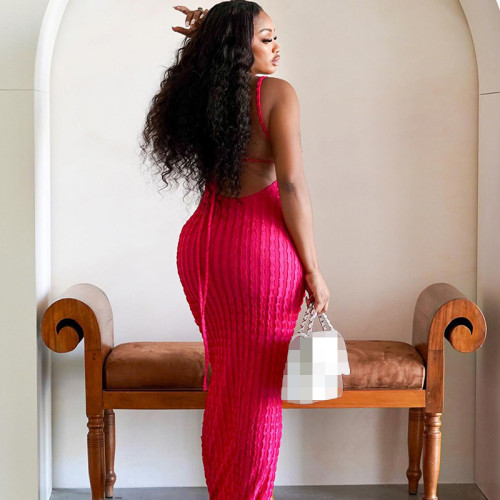 Women Fashion Wavy Cross Suspenders Long Dresses