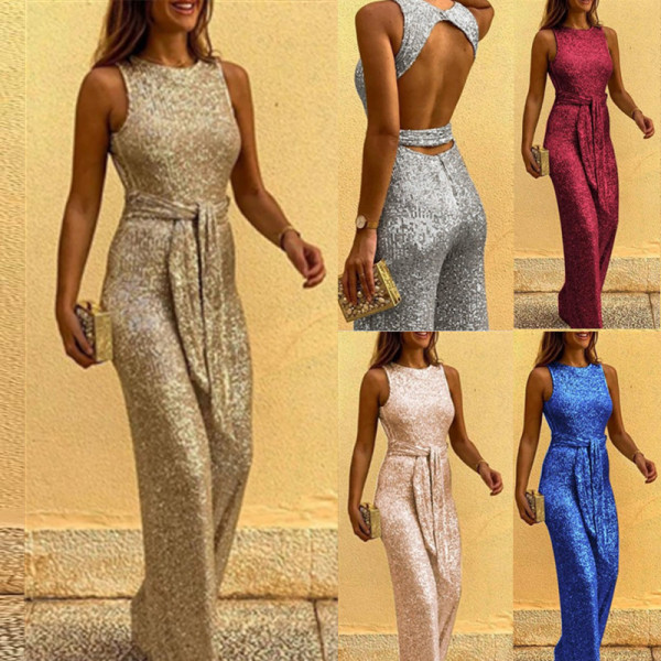 Casual Solid Color Round Neck Sleeveless Glitter Jumpsuits