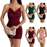Draped Collar Chain Detail Crisscross Backless Ruched Cami Dress