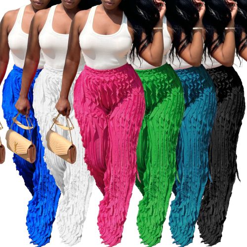 Women's Mesh Wave Pattern Ruffle Loose High Waist Wide Leg Trousers