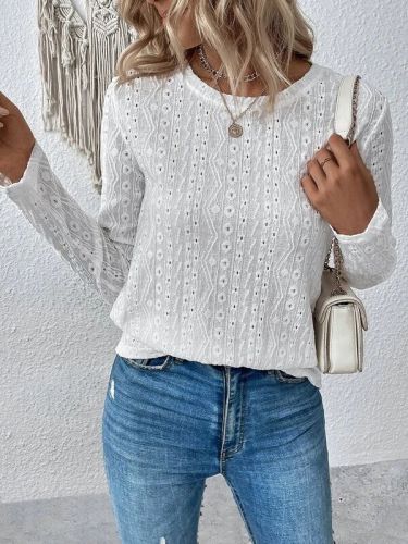 Women's Blouse Long Sleeve Regular Sleeve Blouses Round Neck Hollow Out Casual Solid Color Loose
