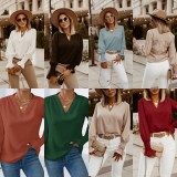 Women Fashion V-Neck Long Sleeve Blouse Shirt Solid Casual Loose Tops