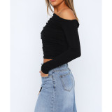 Solid Color Off-Shoulder Pleated Slant Neck Boat Neck Tops