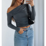 Solid Color Off-Shoulder Pleated Slant Neck Boat Neck Tops