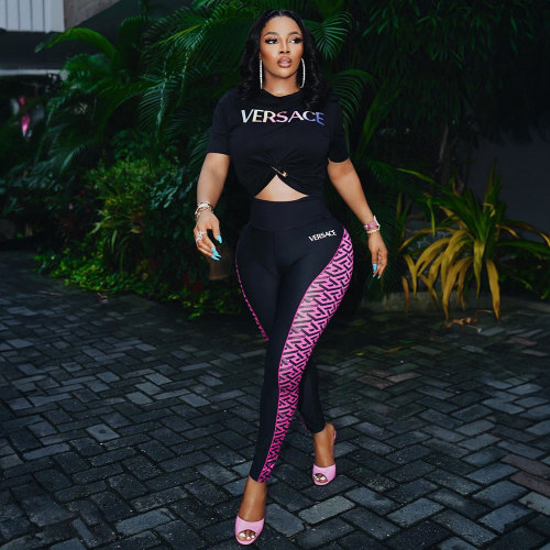 Fashion Casual Printed Letter Short Sleeve Sweatsuits Trousers Set