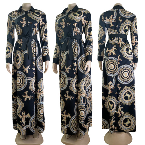 Casual Digital Printed Loose Long Sleeve Swing Dress