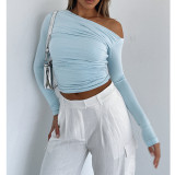 Solid Color Off-Shoulder Pleated Slant Neck Boat Neck Tops
