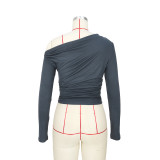 Solid Color Off-Shoulder Pleated Slant Neck Boat Neck Tops
