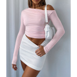 Solid Color Off-Shoulder Pleated Slant Neck Boat Neck Tops