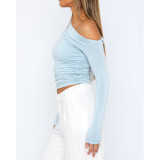 Solid Color Off-Shoulder Pleated Slant Neck Boat Neck Tops