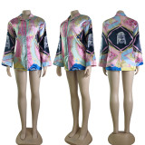 Fashion Retro Long Sleeve Single-breasted Printed Shirt Skirt Mini Dresses