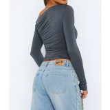 Solid Color Off-Shoulder Pleated Slant Neck Boat Neck Tops
