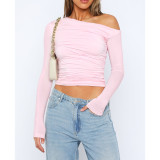 Solid Color Off-Shoulder Pleated Slant Neck Boat Neck Tops