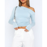 Solid Color Off-Shoulder Pleated Slant Neck Boat Neck Tops
